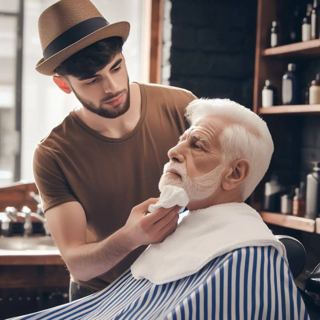A hot towel on a white beard